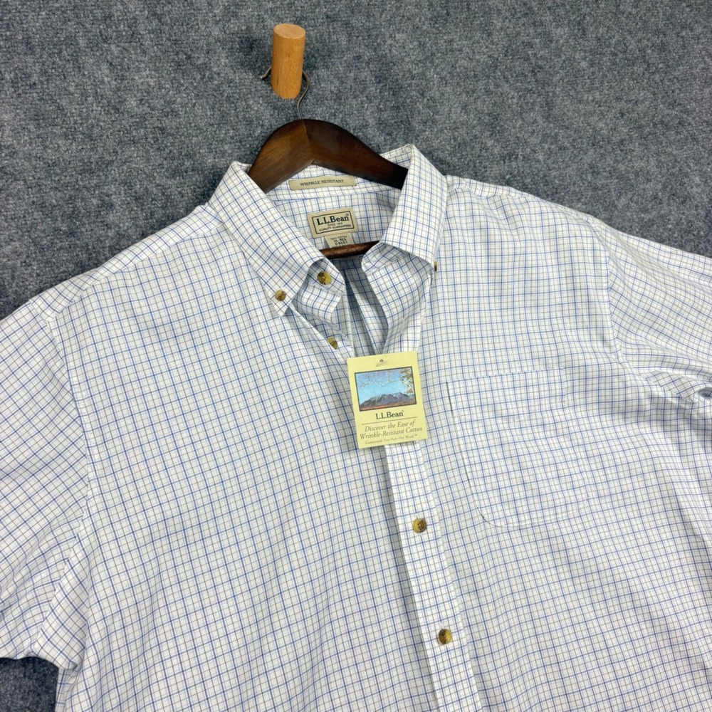 LL Bean Mens XL Regular Wrinkle Resistant Cotton SS Button Down Shirt Blue Check
